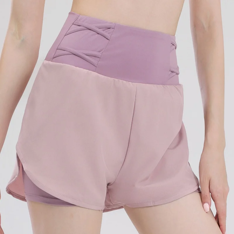 Sports Shorts Women Slim Quick Dry Running Fitness Fake Two Pieces Anti-Glare Breathable High Waist Yoga Pants Bottom Pants Gym