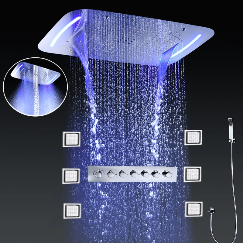 

hm Large Ceiling LED Shower Kit Rainfall Waterfall Mist Showerhead Panel Thermostatic Mixer Valve Bath 6Functions Faucets Set