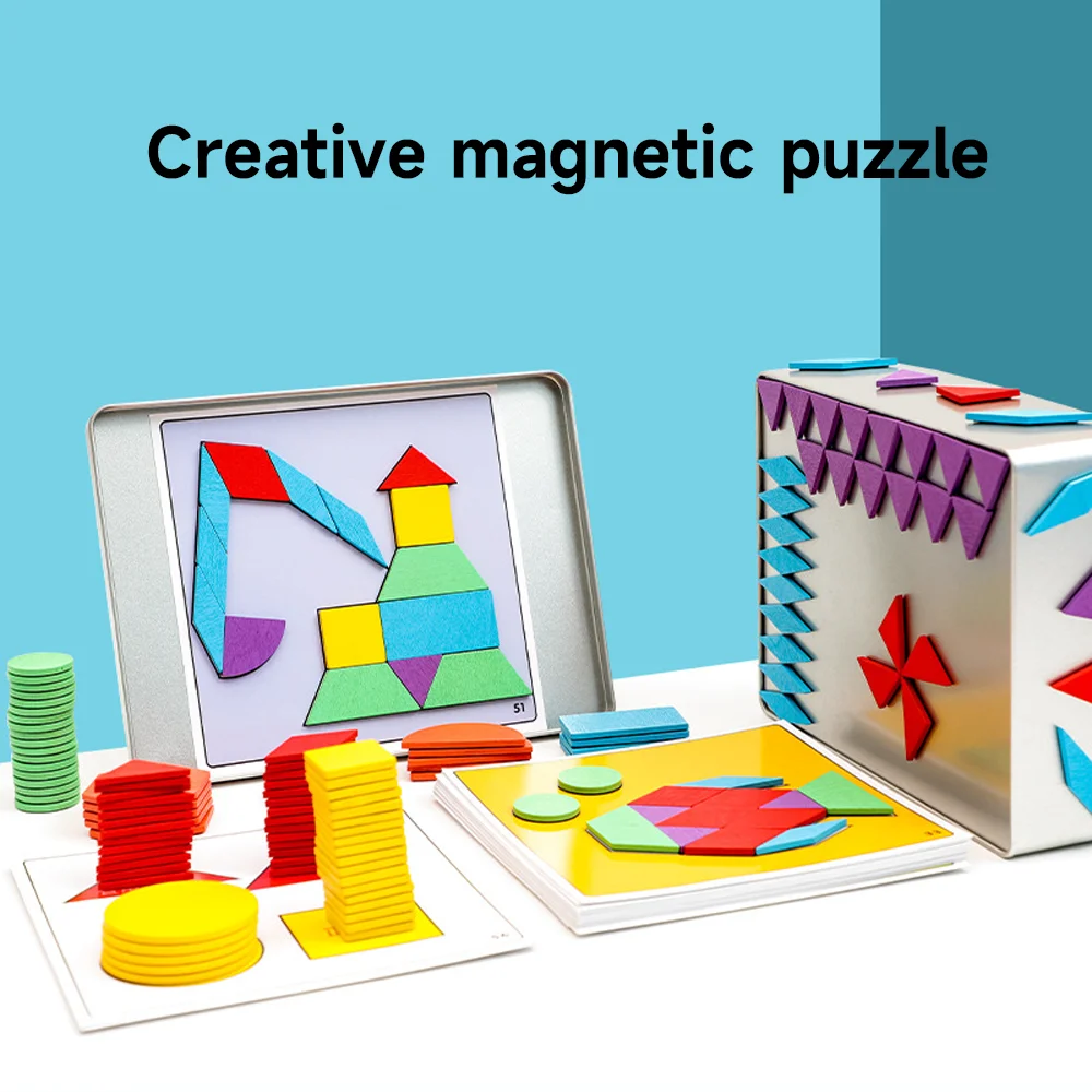 Wooden Magnetic Tangram Puzzle Toy for Kids Montessori  Educational Development Early Learning Child Geometry Kids Puzzles 3