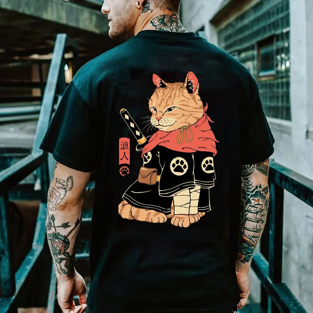 

Japan Samurai Cat Harajuku Men's T Shirt Summer Street Trend Black Tee Leisure O-neck Short Sleeve Top Oversized Vintage Clothes