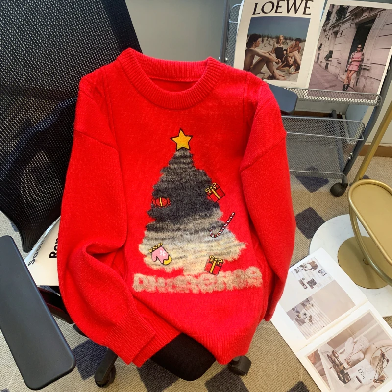 

American Vintage Christmas Tree Red Sweater Women's Winter New Slouchy Loose Large Coat Knitted Top