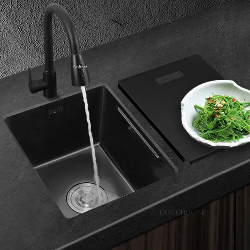 Stainless Steel Kitchen Sink Black Nano Small Single-slot Washbasin Dishwashing Island Counter Washing Sink with Cover Plate WW