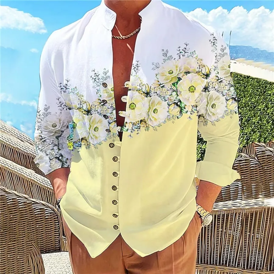 

Mens Clothing New Arrivals Man White Shirt 3D Vintage Stand Neck Long Sleeve Button Men Casual Floral Print Shirts Chemise Homme