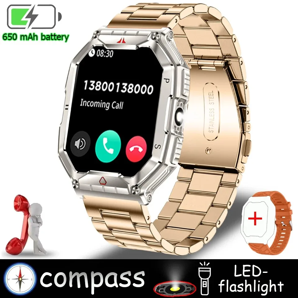 2024 New Rugged Military With LED Flashlight Smart Watch Men Heart Rate Bluetooth Call Waterproof Outdoor SmartWatch For Xiaomi 12
