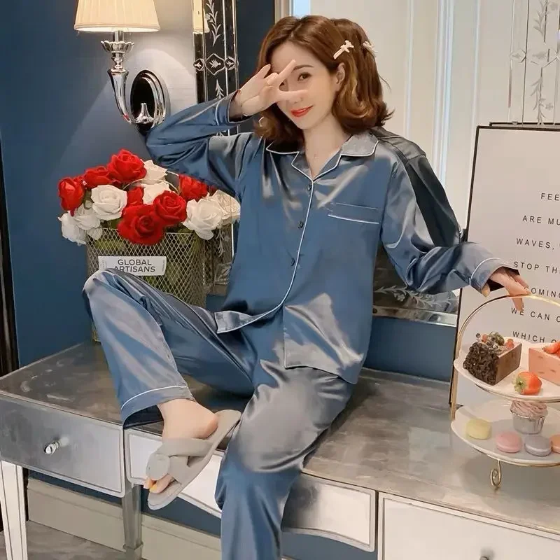 Ice Silk Satin Couples Pajamas Thin New Women  Two-piece Plus Size Homewear Set Pijama Set Women Pijma Hombre