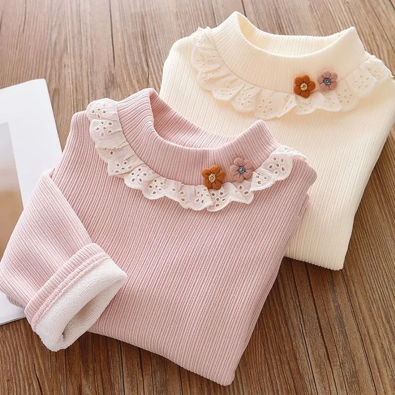 

Girls Shirt Basecoat Autumn and Winter New Baby Cute Lace Doll Collar Warm Half High Collar Top Children's Long Sleeve T-shirt