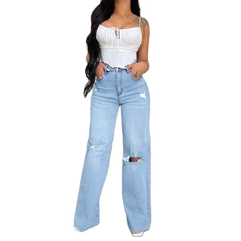 2023 Fall New Women's High Waist Ripped Jeans Fashion Loose Denim Wide Leg Pants Casual Female Trousers S-2XL Drop Shipping 2