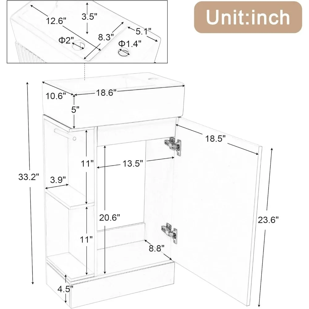 Small Bathroom Vanity with Sink, Freestanding Bathroom Vanity with Toilet Paper Holder & 1 Door, Wood Bathroom Cabinet 4