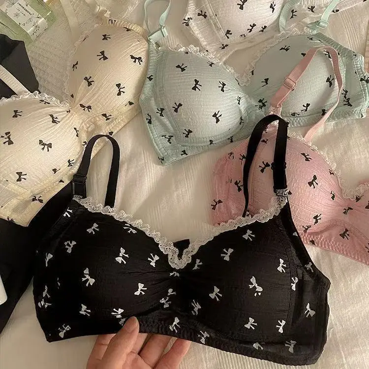 Sweet Bow Tie Underwear, Women's Small Bust, No Steel Ring, Lace Bubble, Japanese Style Anti-sagging, Thin and Breathable Bra 2
