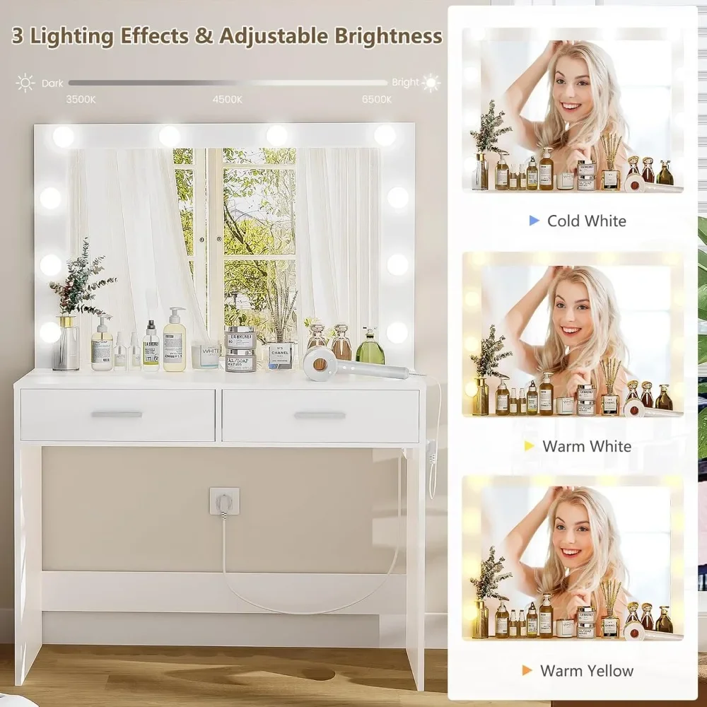 Makeup Vanity Lights Drawers Power Strip Dressing Vanity Tables for Women Girls Bedroom