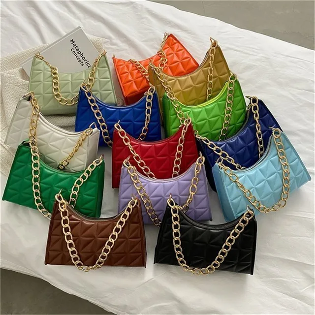 Women's Diamond Pattern Shoulder Bag PU Leather Solid Color Niche Chain Handbag Fashion Females Underarm Shopping Bag 2