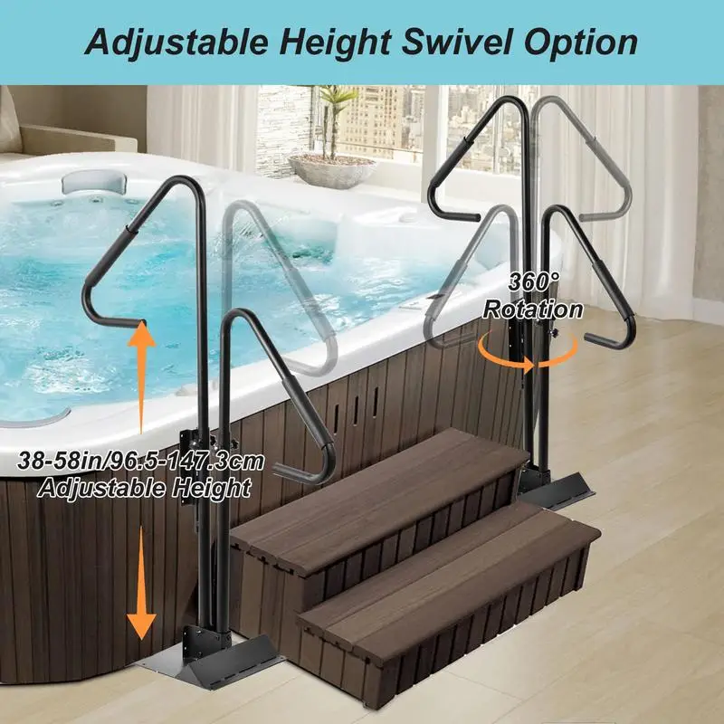 Hot Tub Handrail Non-Slip Spa Side Handrail 600Lbs Capacity Hot Tub Handle Bar With Slide-Under Mount Base Adjustable Height