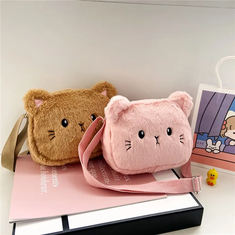 

Cartoon Cat Baby Girls Crossbody Bags Cute Soft Plush Children's Shoulder Bag Winter Fashion Boys Kids Furry Handbags Coin Purse