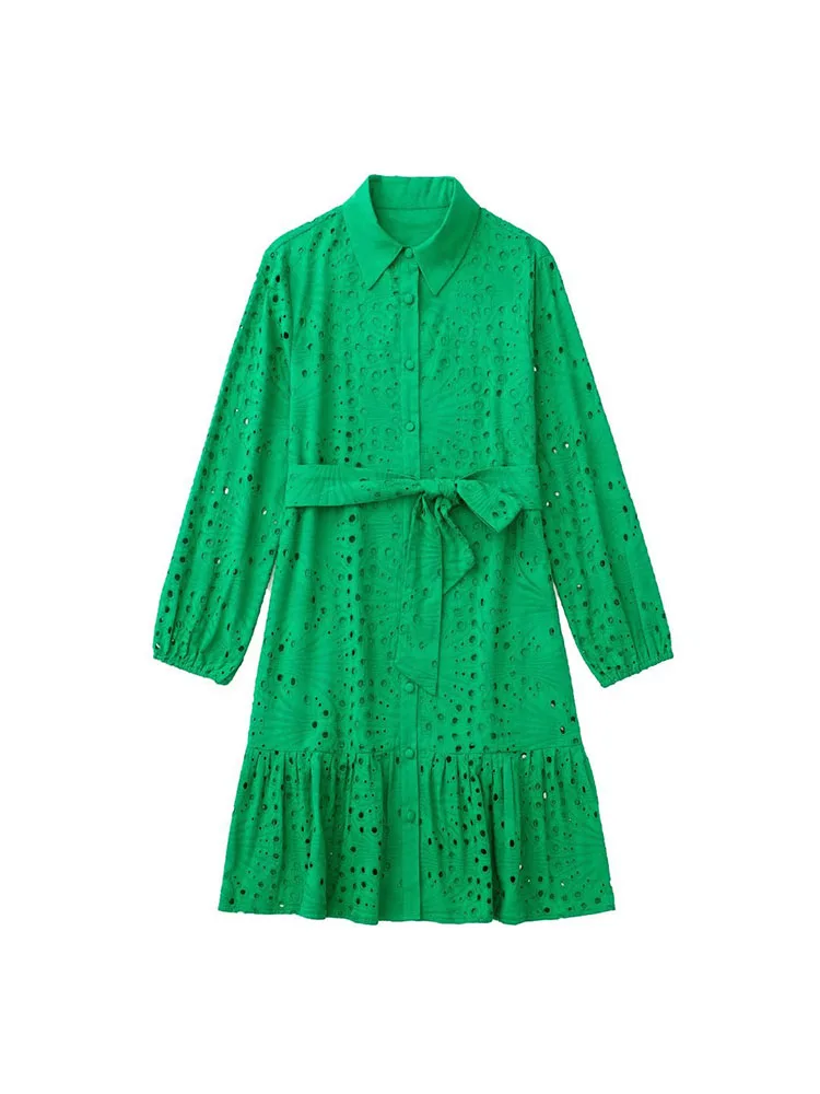 

BBWM 2022 New Women's Cutout Embroidery Dress Fashion Ladies Lapel Long Sleeve Single Breasted Shirt Dress with Bow Belt