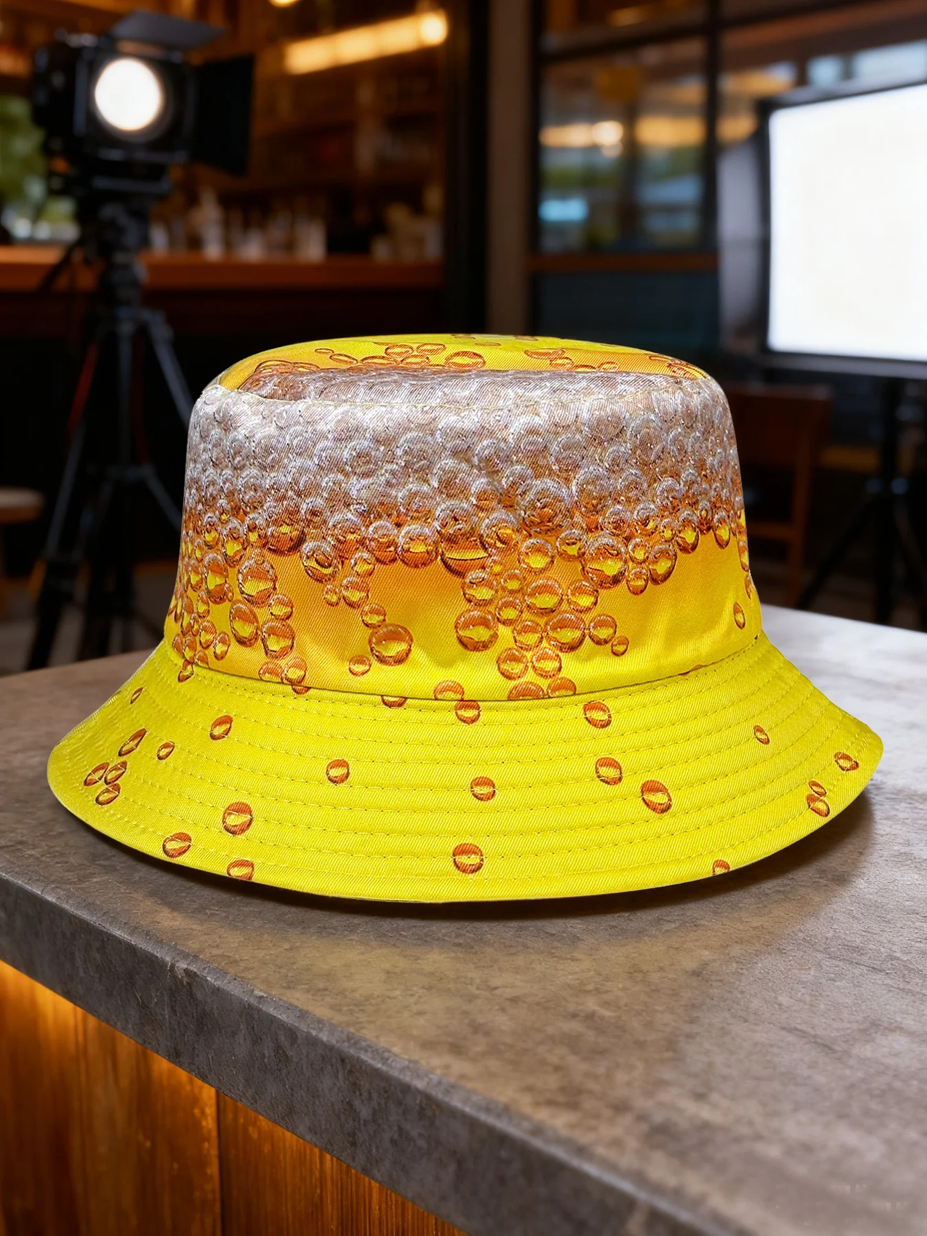 Gelber Bier-Bucket-Hut, Sonnenhut für Frühlings- und Sommerfestivals, künstlerischer, vielseitiger Künstlerhut, wendbar und faltbar, modischer Bucket-Hut, geeignet für Outdoor-Reisen und Feiertagspartys – Detail 8