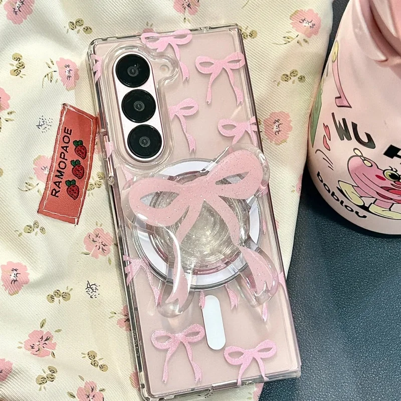【Trending in Fashion】 Cute Pink Blue Bowknot For Magsafe Magnetic Phone Holder Griptok Grip Tok Stand For Foldable Wireless Charging Case Ring.