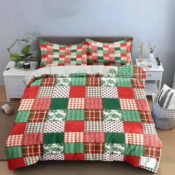 Christmas Red Green Patchwork Bedding Set, Xmas Plaid Polka Dot Snowflake Print 1 Duvet Cover 2 Pillowcase, Bedroom Decor, Gift 1