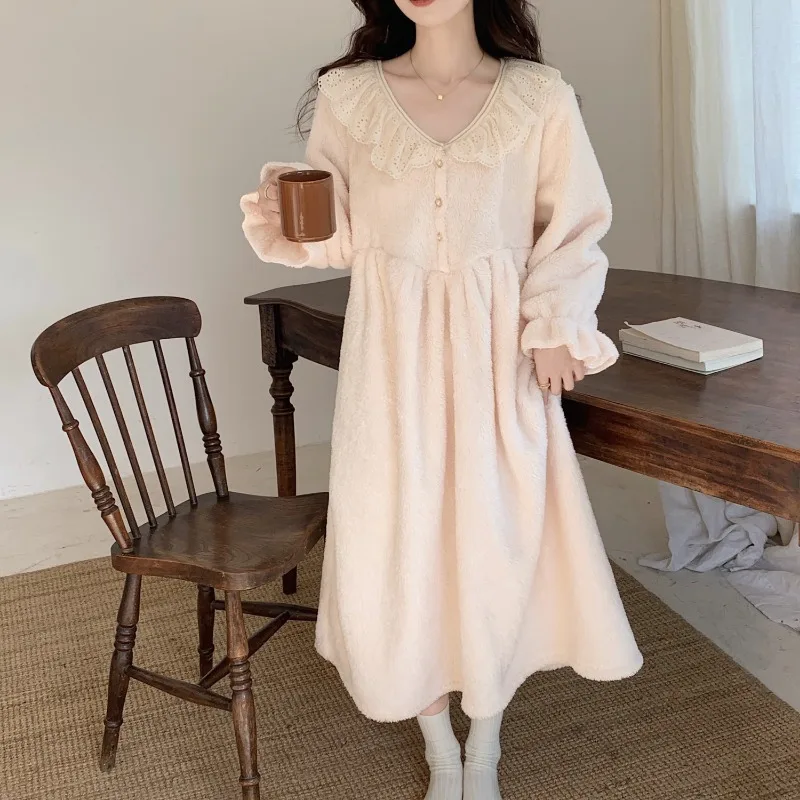 Fleece Nightgown Lace Sleepwear Womens Winter Night Dress Warm One Piece Pajamas Korean Style Long Sleeve Solid Ruffle Home Wear