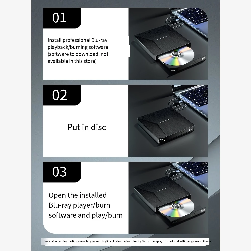 External Blu-ray Drive, USB 3.0 and Type-C Blu-Ray Burner Slim 3D Optical Blu-Ray DVD CD Drive Compatible with Windows XP/7/8/10