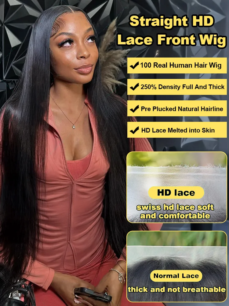 30 32 40 Inch 200 Density 13x4 HD Lace Front Human Hair Wigs Brazilian Straight HD Lace Frontal Wig 13x6 Raw Hair Wig For Women