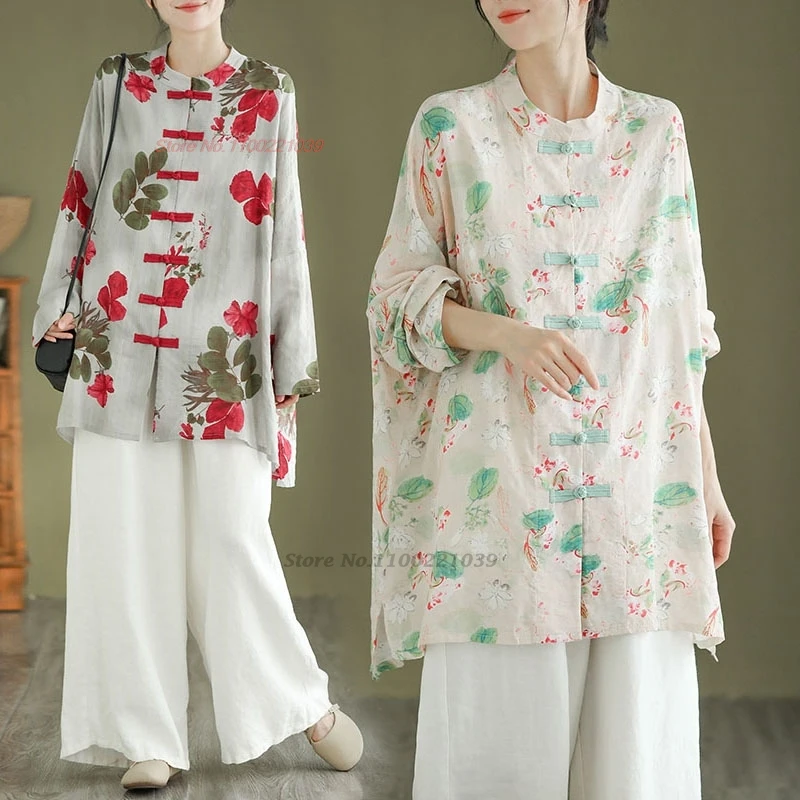 

2024 women vintage blouse national flower print ethnic blouse traditional hanfu tops oriental tang suit retro folk loose blouse