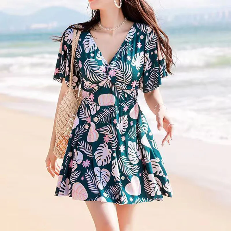 Casual Conjoined Body Swimwears Summer Women Clothes Fashion V-Neck High Waisted Print Short Sleeve Backless Loose Swimming Suit