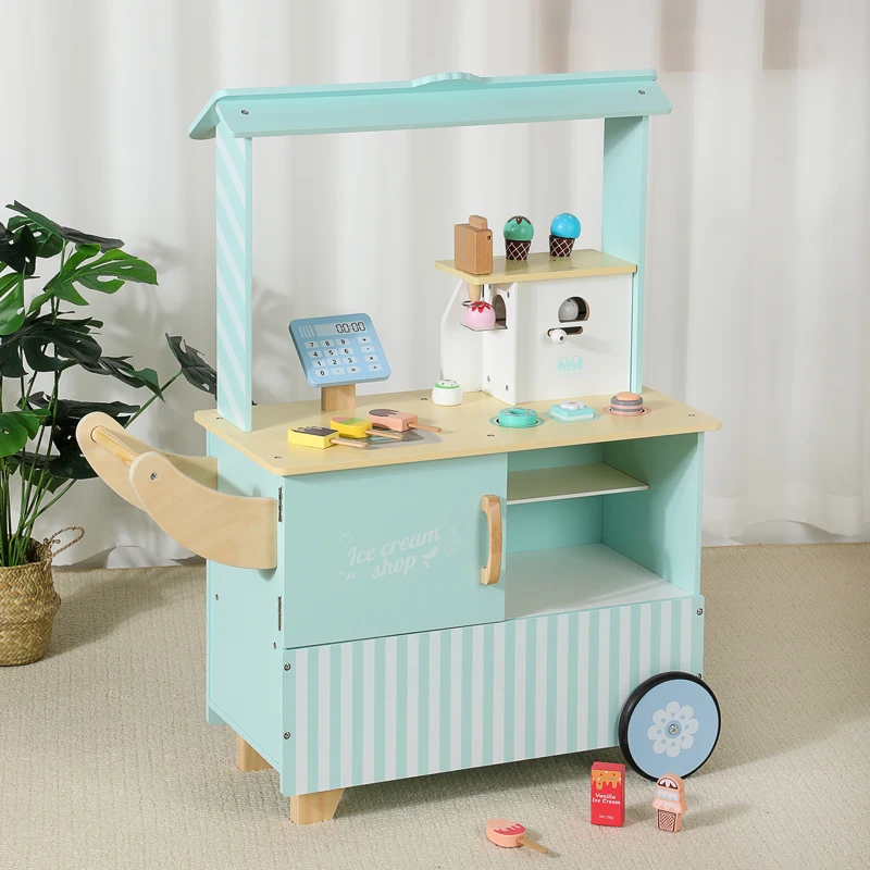 Kids Pretend Play Wooden Ice Cream Vending Cart Toy 6