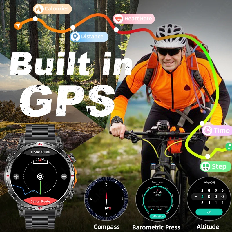 LIGE GPS Smart Watch Professional Sports Men AMOLED Full-Touch Screen 650mAh Battery 3ATM Waterproof Heart Rate Call Smartwatch