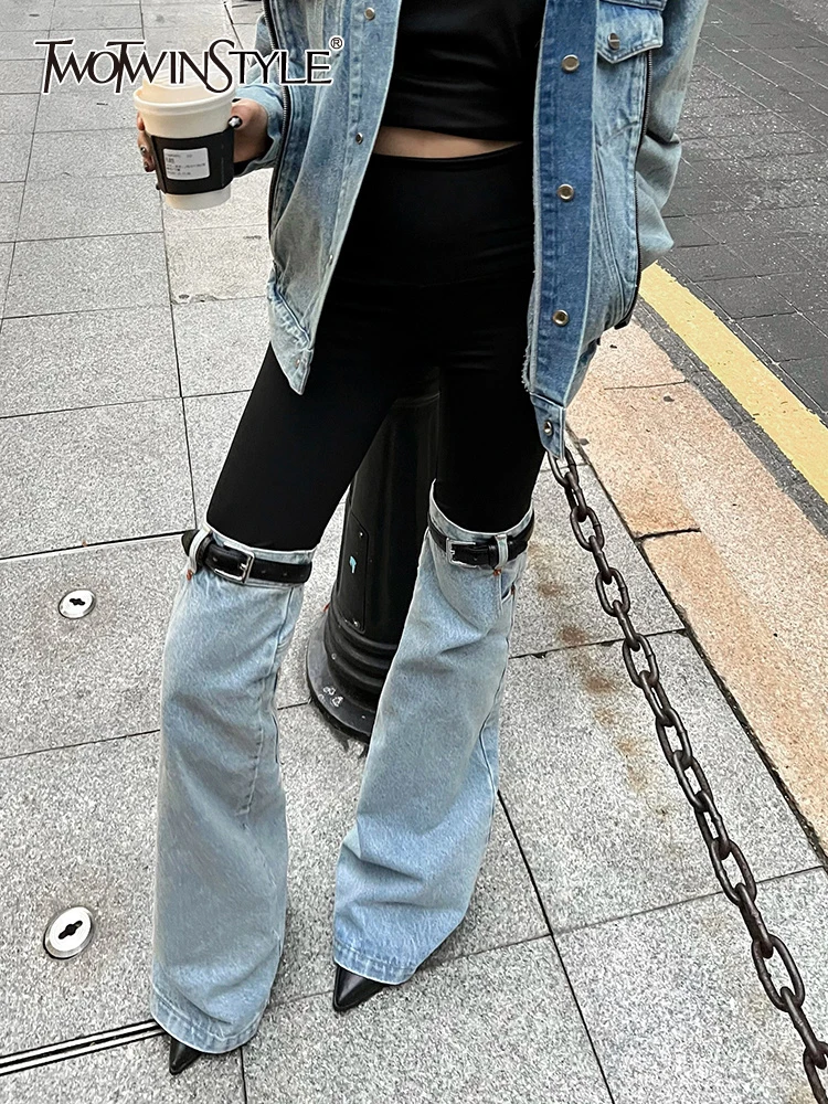 

TWOTWINSTYLE Hit Color Patchwork Denim Wide Leg Pants For Women High Waist Casual Loose Jeans Female Fashion Clothing Autumn New