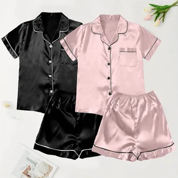 Sleepwear Women Silk Satin Short Sleeve Shorts Pajamas 4 Piece Set Breathable Quick Dry Night Dress Trouser Shirt Solid Nighties 1