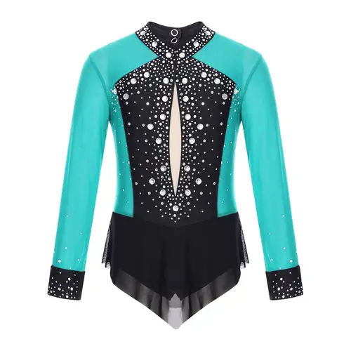Kids Girls Rhinestones Color Block Rhythmic Gymnastics Dress Mesh Patchwork Leotard Skirted Bodysuit for Dancing Figure Skating - Image 9