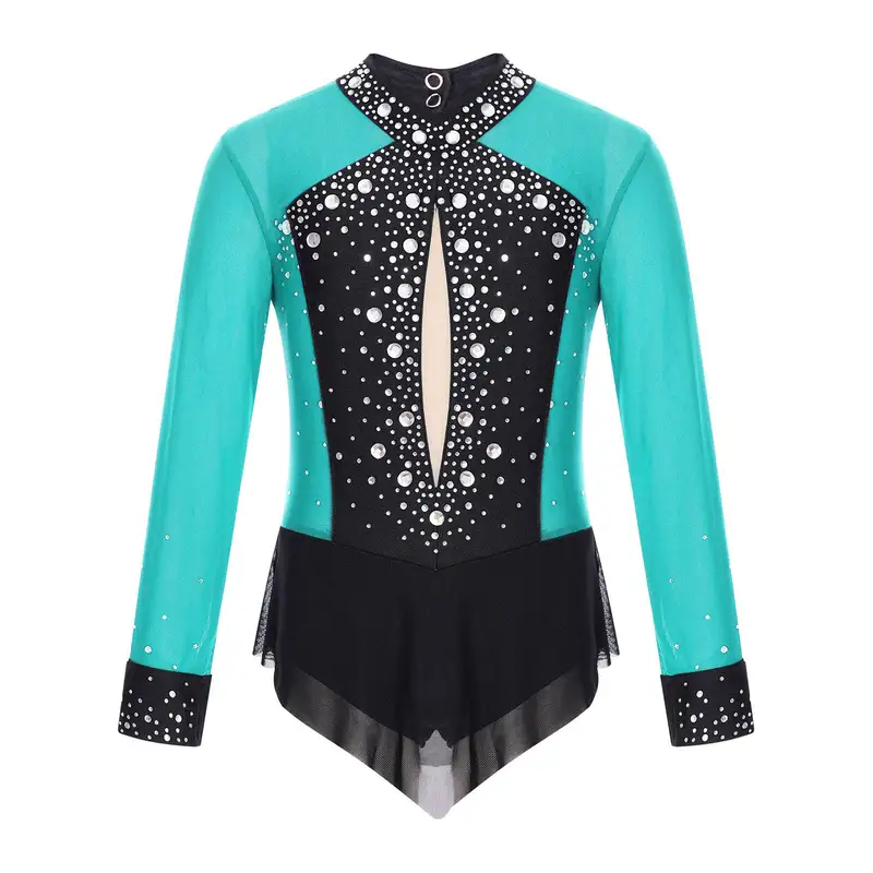 Kids Girls Rhinestones Color Block Rhythmic Gymnastics Dress Mesh Patchwork Leotard Skirted Bodysuit for Dancing Figure Skating - Image 9
