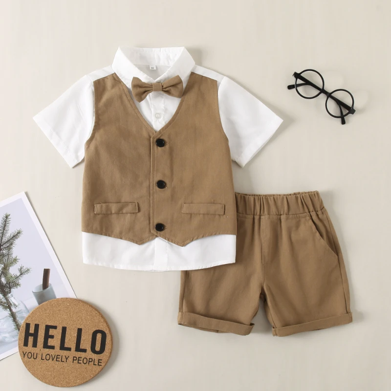 

Summer Kids Suits Baby Boy Clothes Shirt + Shorts Formal Clothing Outfit Party Bow Tie Children Birthday Dress Boys Clothes