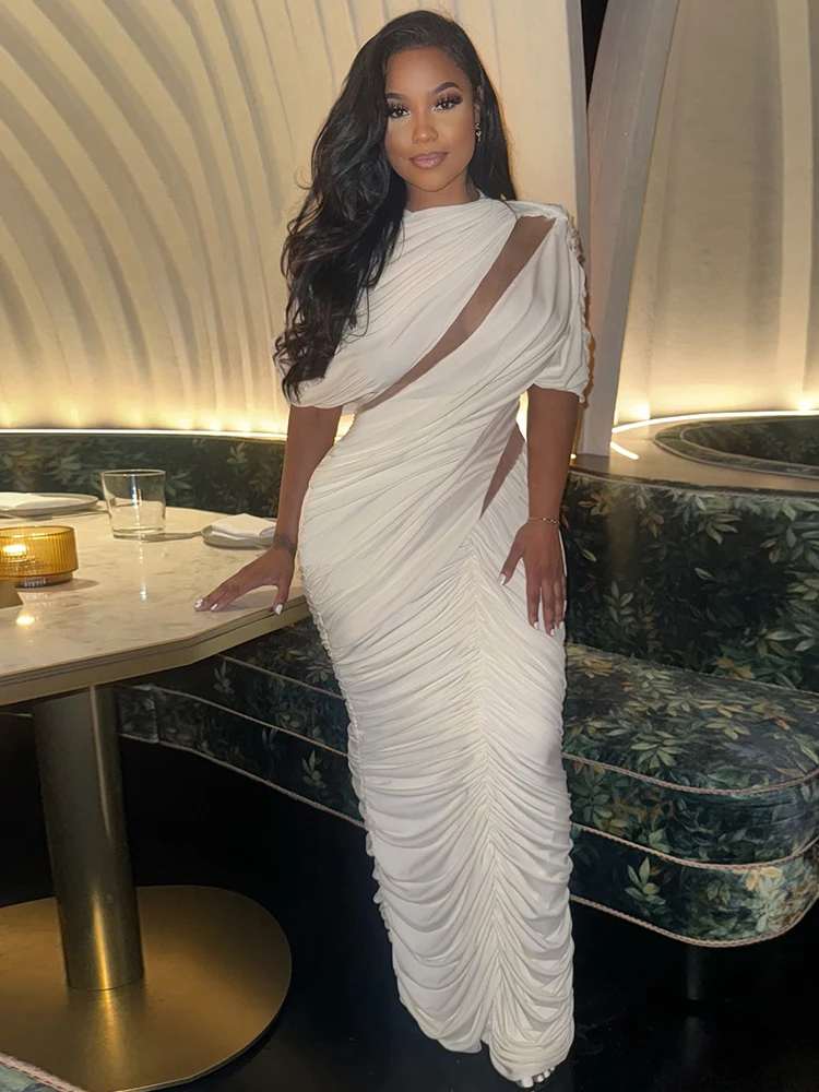 Nibber Ruched Long Dress Woman Irregular Hollow Design o-Neck Short Sleeve Slim High Waist Midnight Prom Party Elegant Vestidos