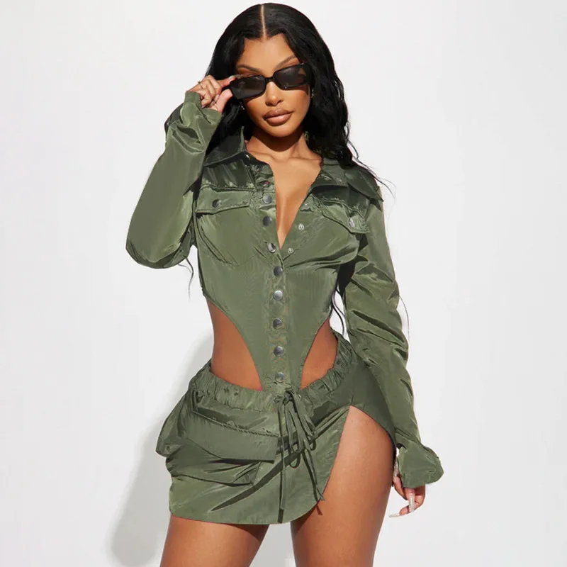 

BKLD Fashion Turn-Down Collar Single Breasted High Waist Long Sleeve Bodysuit Pocket Skirt Cargo Clothes Two Piece Set For Women