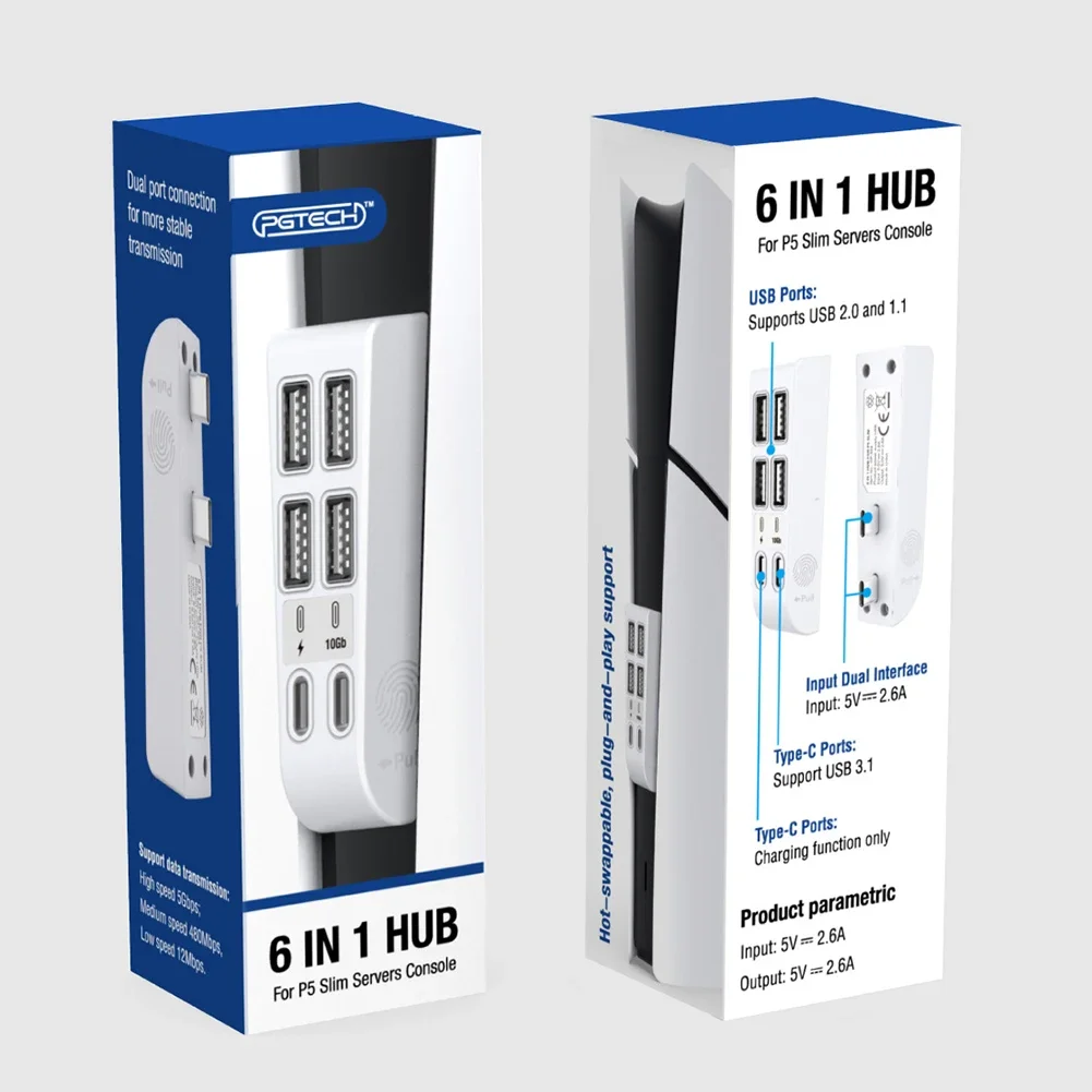 USB High-Speed Expansion Hub Charger Extender USB Port Extender with 4 USB & 2 Type C Port for PS5 Slim for Playstation 5 Slim