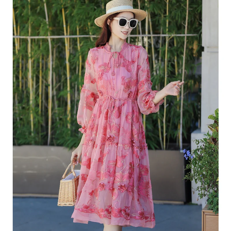 

Spring And Autumn V-Neck Silk Adjustable Waist Age Reducing Embroidery Wrist Sleeve Fashion Mid length Women's One Size