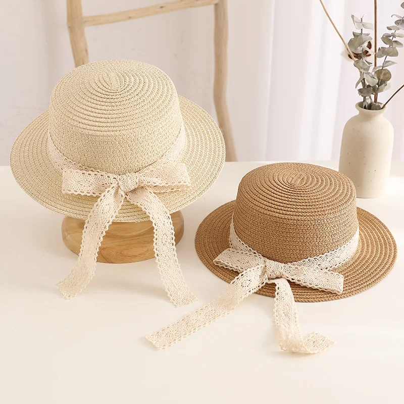 Child Summer Sun Hat Bucket Cap Simple Lace Bowknot Ribbon Flat Top Straw Hat Beach Outing Caps Panama