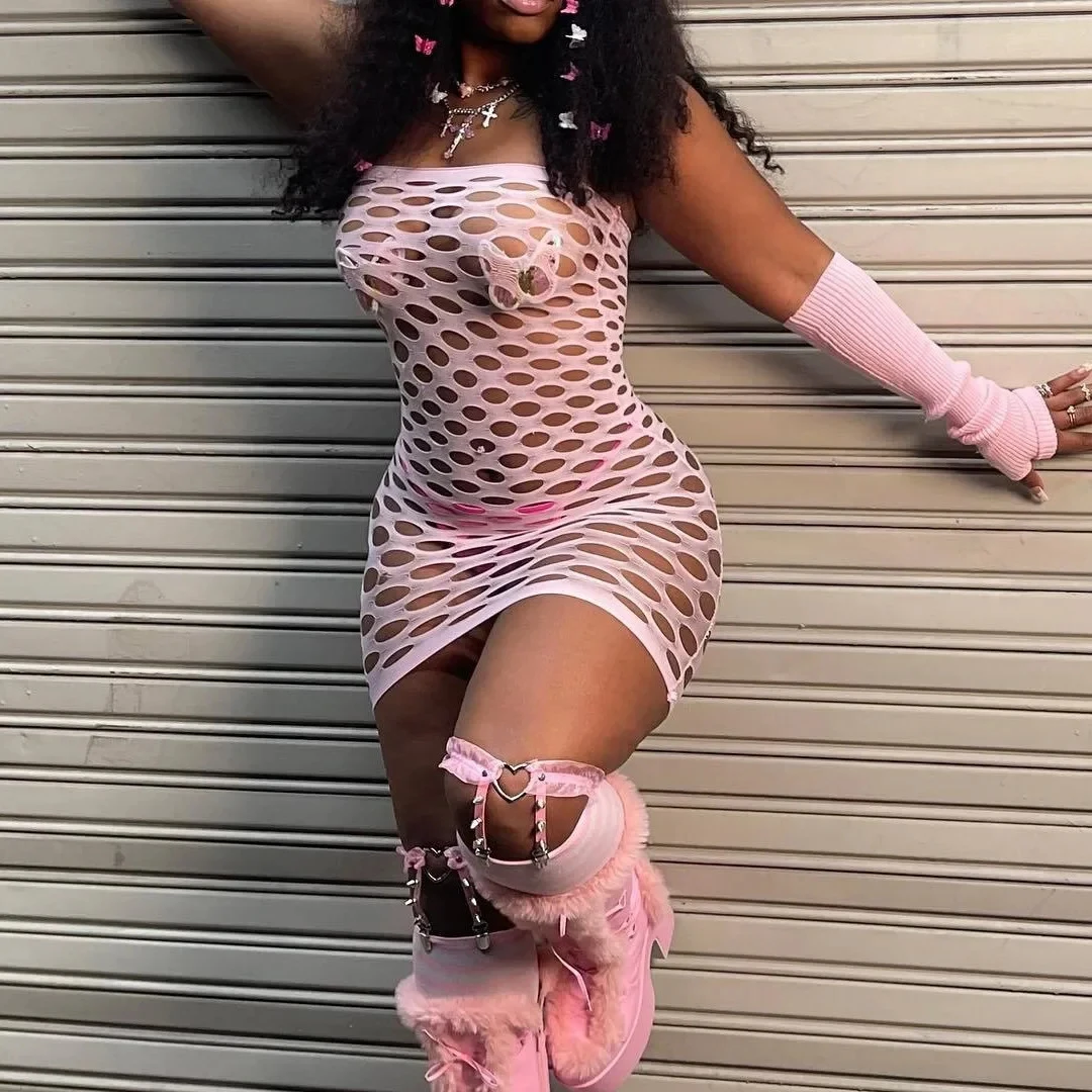 2024 New Mesh Hollow Out Women's Mini Dress Sexy Club Party Bodycon Fashion Evening Dresses Elegant Clothes Pink Luxury Dresses 3
