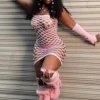 2024 New Mesh Hollow Out Women's Mini Dress Sexy Club Party Bodycon Fashion Evening Dresses Elegant Clothes Pink Luxury Dresses 3