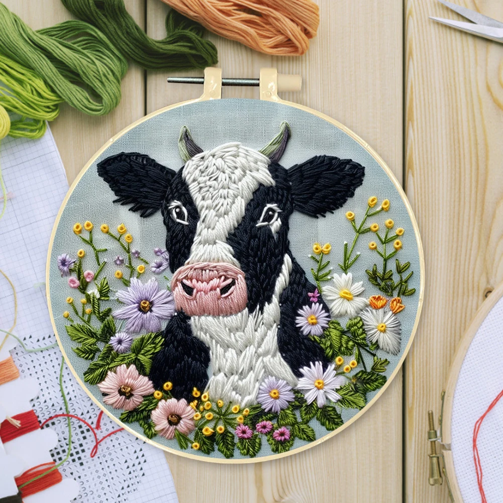 Embroidery Kit Beginner Cow Daisy Flower Punch Needle with Hoop Cloth Color Thread Colorful Handmade Craft Set