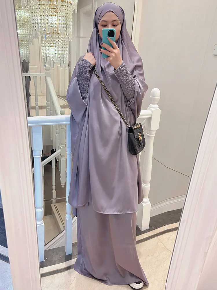 

Комплект Jilbab для мусульманских женщин, 2 предмета, атласная молитвенная одежда, мусульманские платья, длинная юбка макси в химар, Рамадан, Дубай, Турецкая скромная абайя