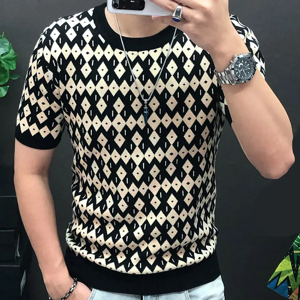 

Diamond Check Contrast Knit T-Shirt High Elasticity Short Sleeve Slim Bottomed Tshirt Men Top Quality Streetwear Knitted Top
