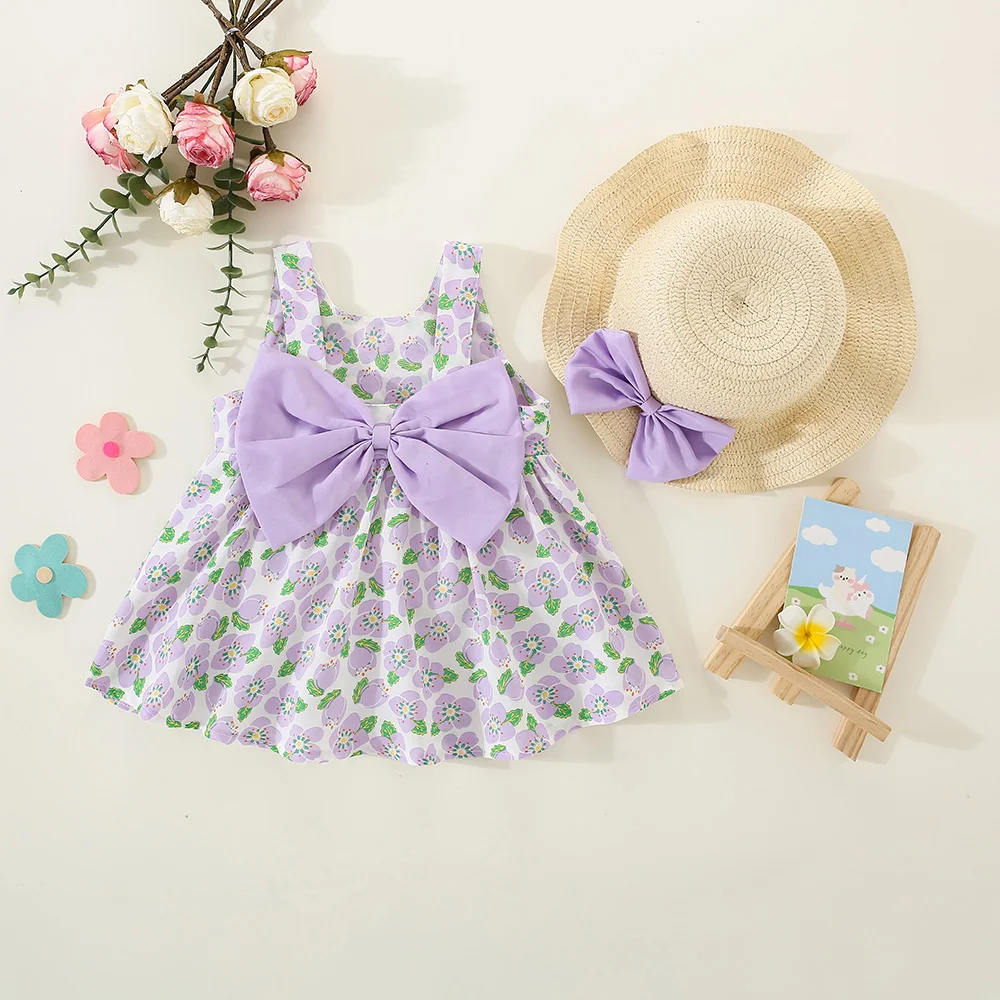 2Pcs/Set Summer children's dress with large bow at back peach blossom suspender chiffon girl's dress and straw hat Girls Dress Baby Girl Dress