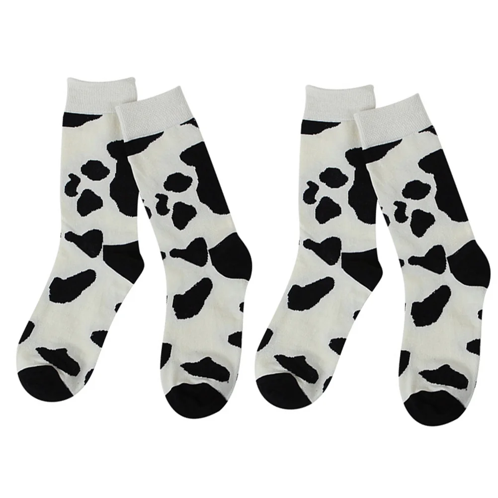 

2 Pairs Girls Slippers Cow Print Socks Pattern Long Tube Knitted Keep Warm Casual Fashionable Men and Women