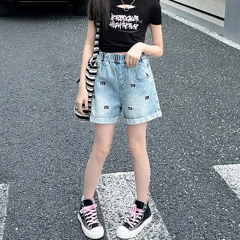 Summer Teen Girls Fashion Letter Embroidery Shorts Korean Style Cotton Kids Clothes School Casual Solid Denim Shorts 5-14 Years