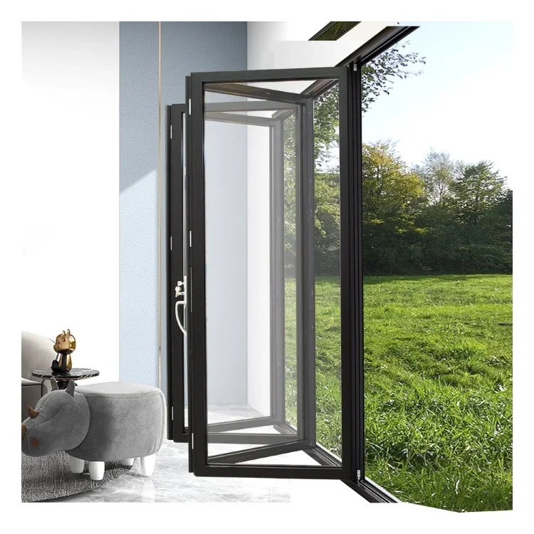 DN Aluminum Folding Doors Powder Coating Double Tempered Glass Patio Door Waterproof Interior House Bifold Accordion Door
