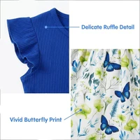 Robe d'été pour filles de 7 à 14 ans, col rond, manches côtelées à volants, imprimé floral papillon, pour l'école quotidienne, décontractée, pour enfants, adorable 5