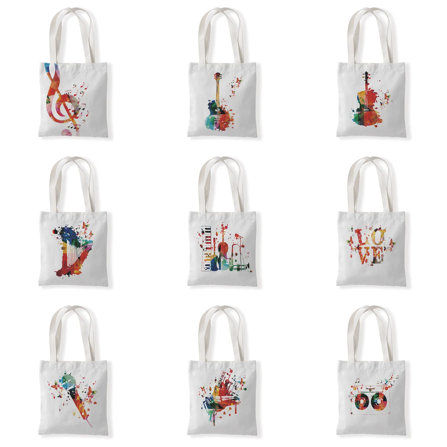 

Women Canvas Shoulder Bag Violin Drum Print Shopping Bag Eco Shopper Bags Music Handbag Tote for Girls