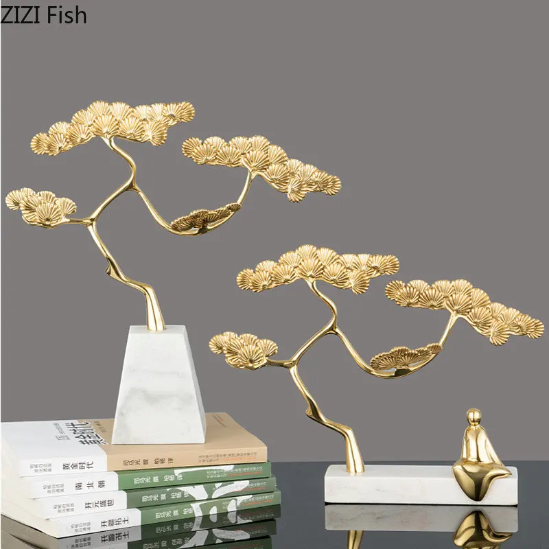 

Marble Base Brass Greeting Pine Ornament Home Accessories Living Room Tabletop Statue Sculpture Figurines Decoration Crafts